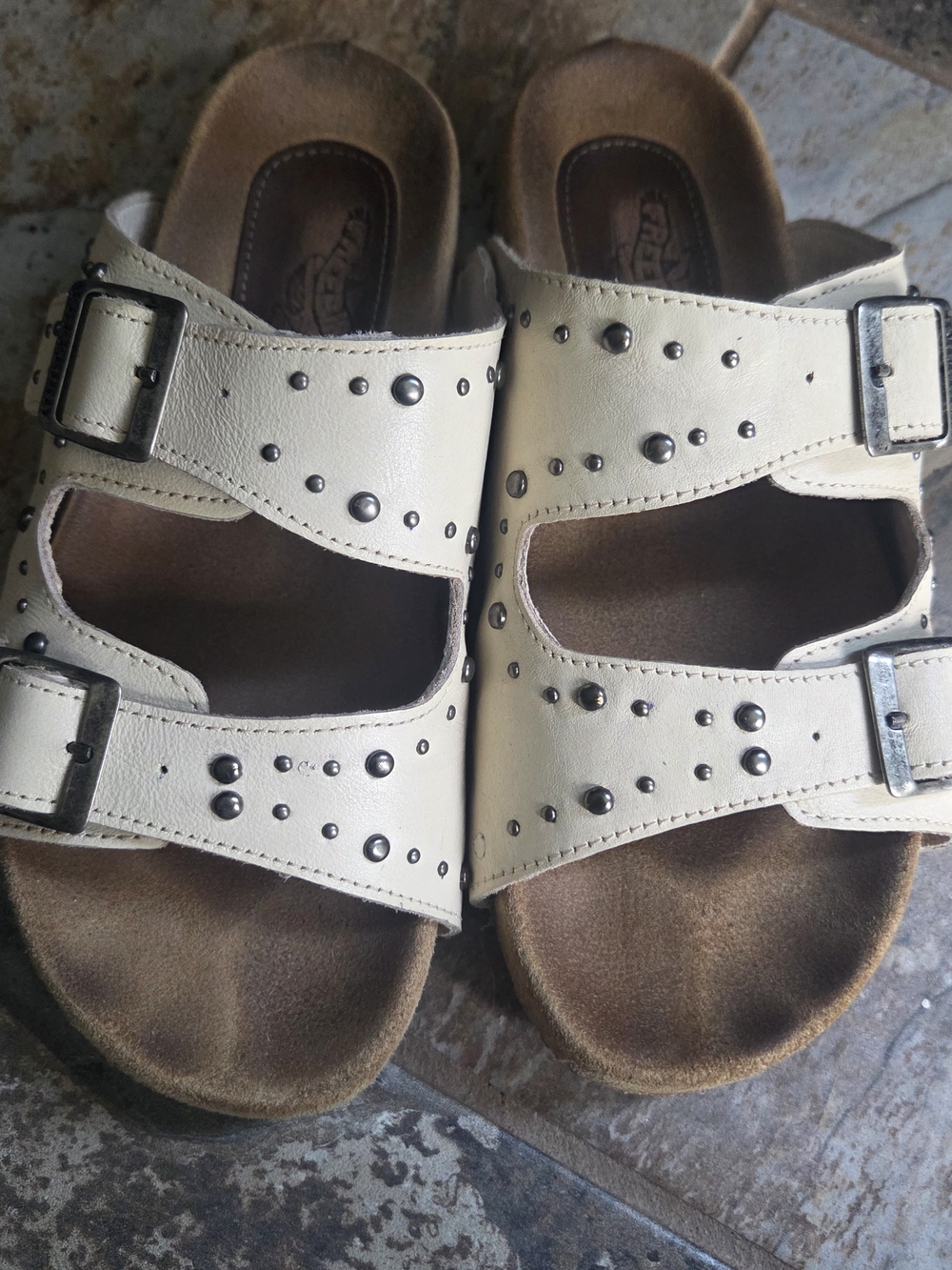 Freebird by Steven Cream Studded Double-Buckle Slide Sandals